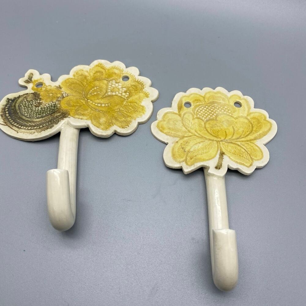 Handmade pottery signed wall hooks shabby chic boho Eclectic Pair Floral‎